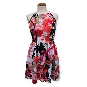 Love...Ady Floral Print Fit & Flare Mini Dress White Red Pink & Black Multi S M